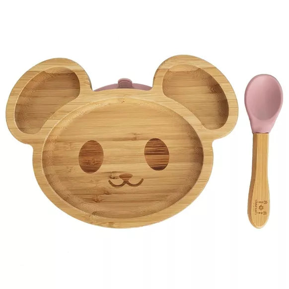 Assiette souris en bambou mauve avec ventouse en silicone
