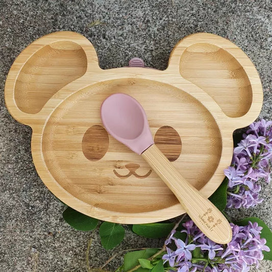 Assiette souris en bambou mauve avec ventouse en silicone