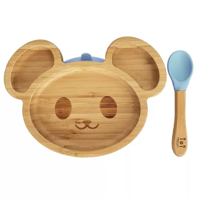 Assiette souris en bambou bleu avec ventouse
