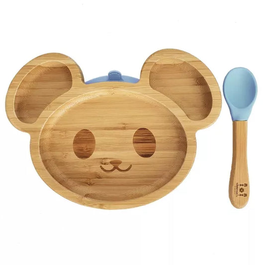 Assiette souris en bambou bleu avec ventouse