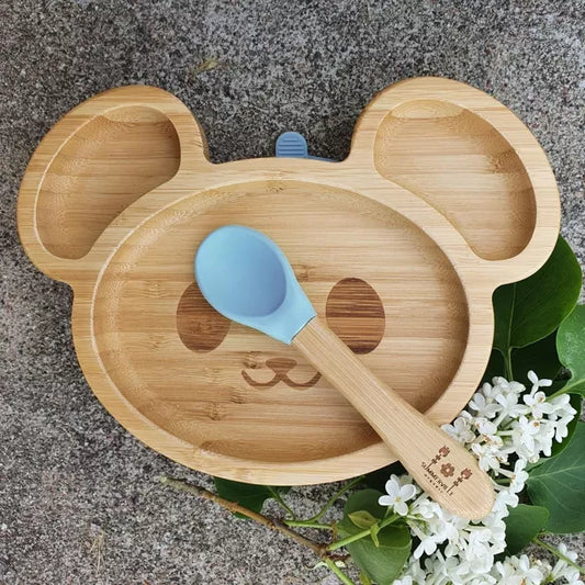 Assiette souris en bambou bleu avec ventouse