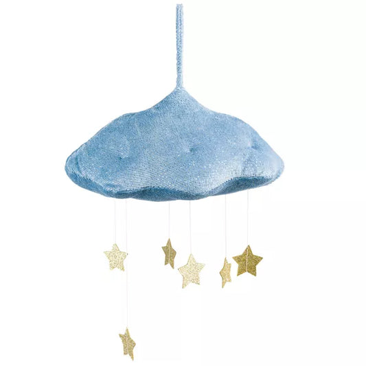 Mobile Nuage en velours côtelé avec étoiles - Bleu - Fait Main
