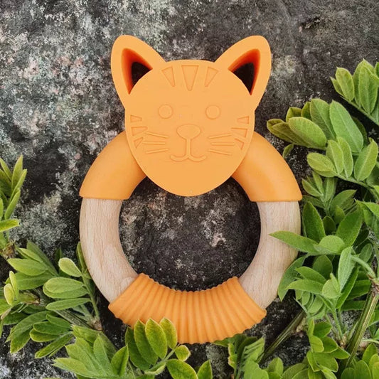 Anneau de dentition en bois et silicone chat orange