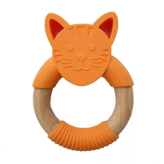 Anneau de dentition en bois et silicone chat orange