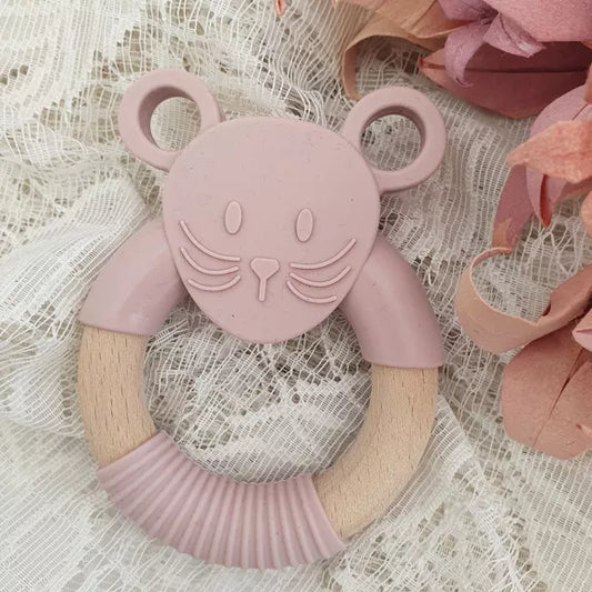 Anneau de dentition en bois et silicone souris mauve pale