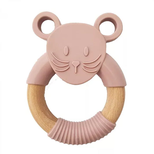 Anneau de dentition en bois et silicone souris mauve pale