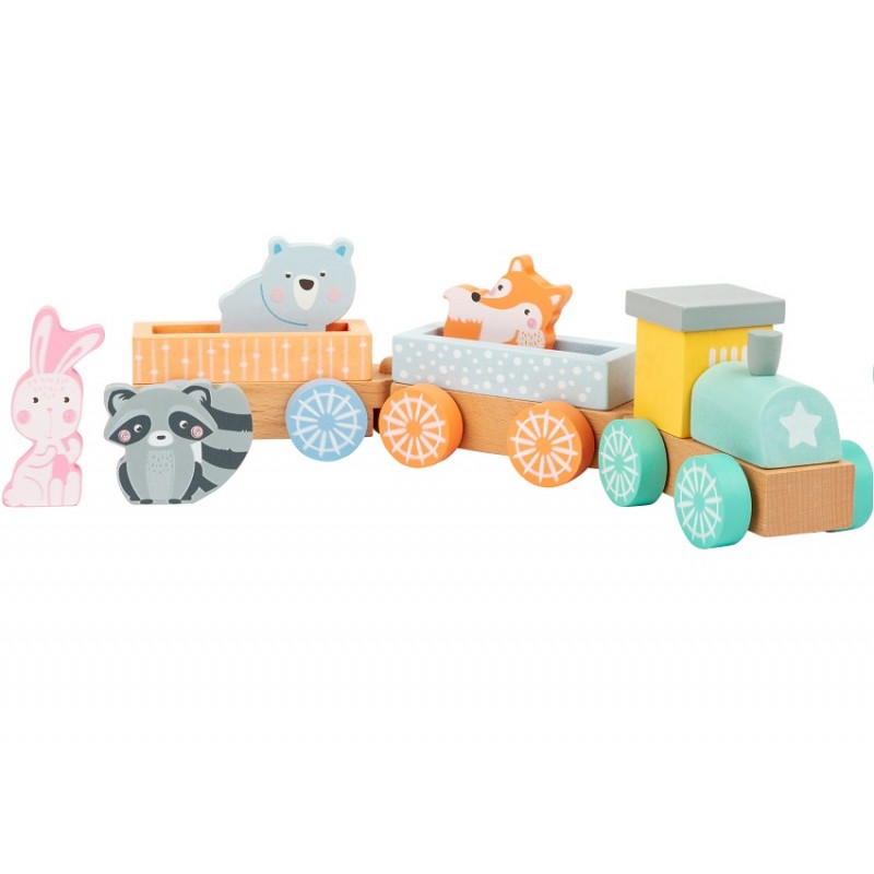 Train en bois pastel - Famille des animaux